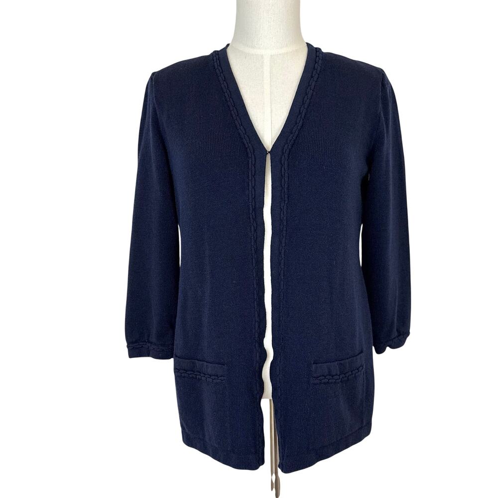 St. John Basics Santana Knit Cardigan Sweater Navy 3/4 Sleeves Vintage L
